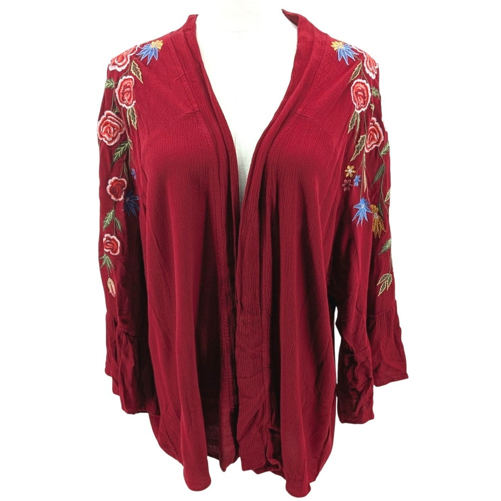 Umgee Embroidered Floral Kimono Cardigan Burgundy Boho Open Front XL